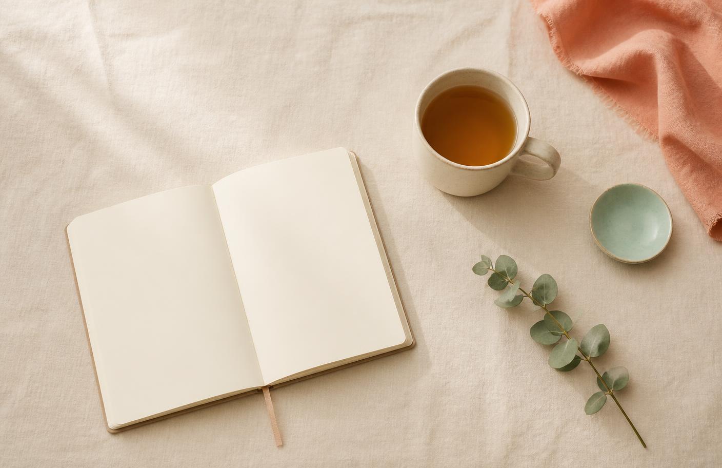 An open journal, mug of tea and eucalyptus sprig on cream linen